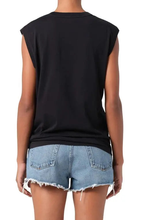 Back view of the black Raya muscle tee with extended shoulders