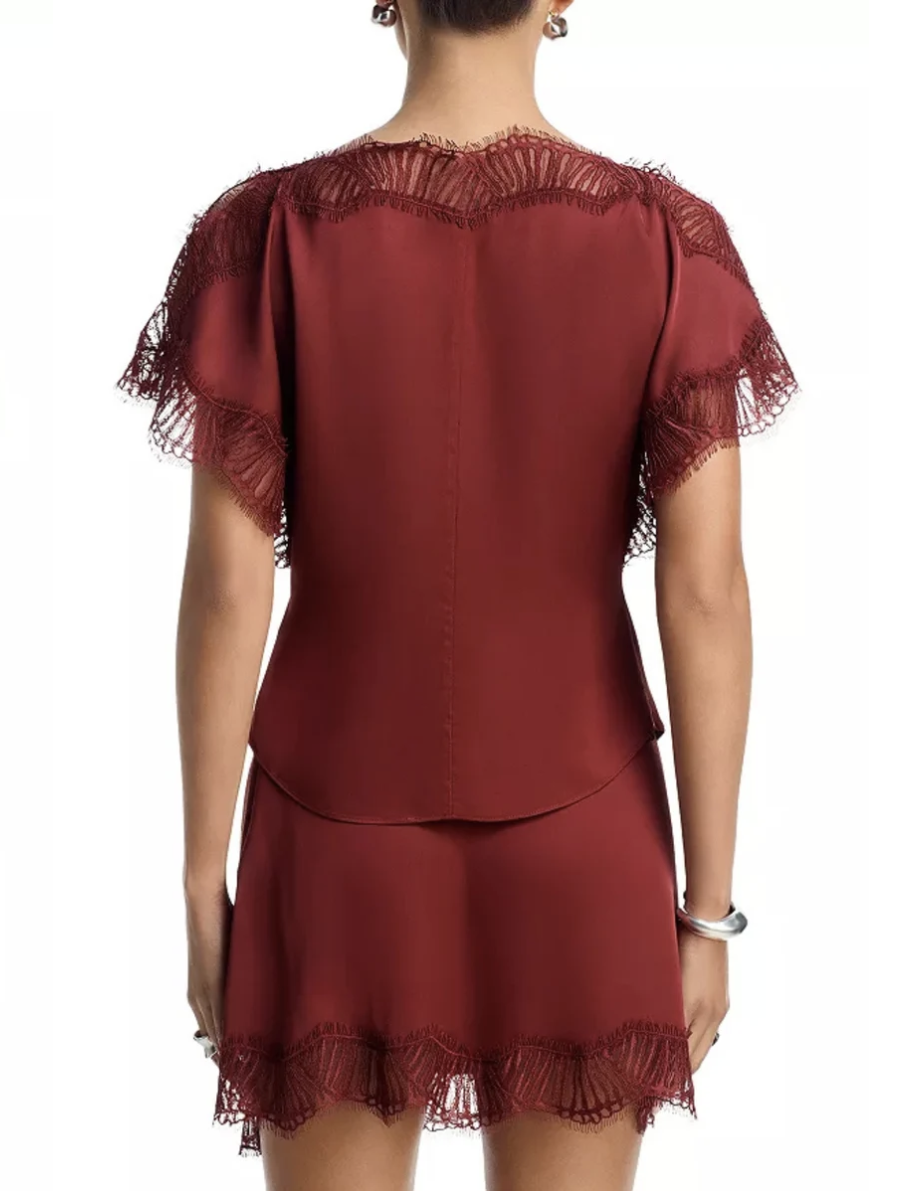 A woman shown from the back wearing the ALC Luna top with sheer lace ruffle trim along the shoulders, sleeves, neckline, and hem, against a plain white background.