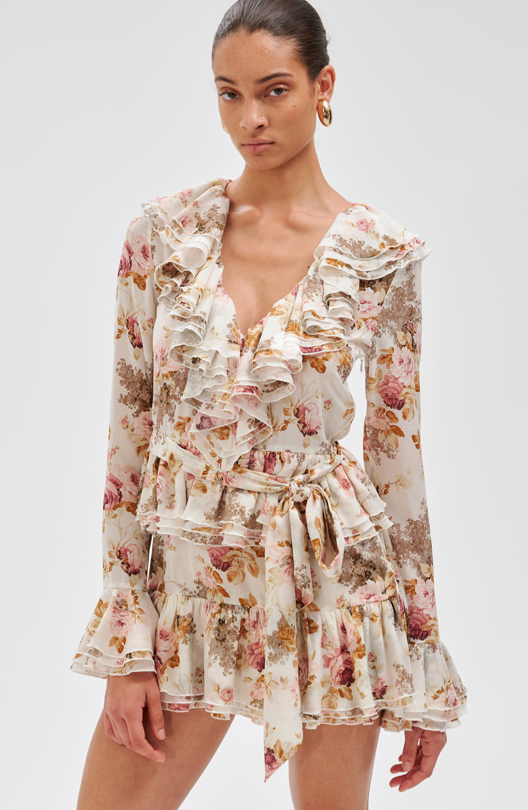 Ronny Kobo Palmero muted floral ruffle mini dress with tie waist, close-up front view
