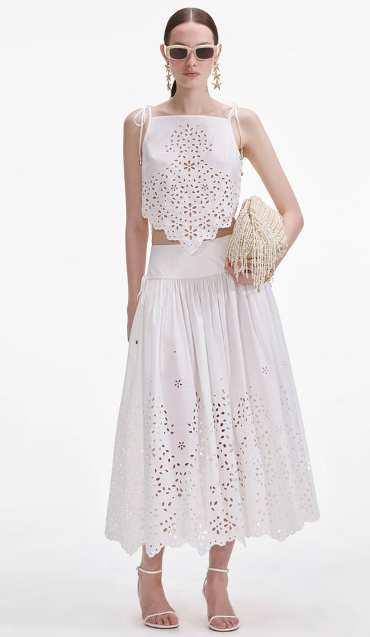 White Cotton Embroidered Midi Skirt