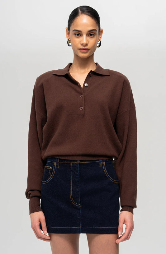 Ronny Kobo Ninette Sweater in rich chocolate brown with crew neckline, long balloon sleeves, and cropped hemline — soft ribbed knit texture.