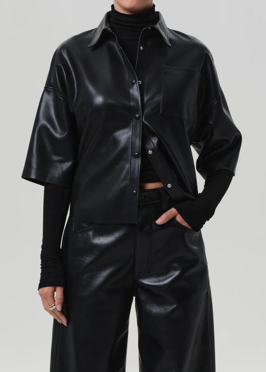 Frances Crop Cape Button Up – Black front view, faux leather cropped shirt with cape detail
