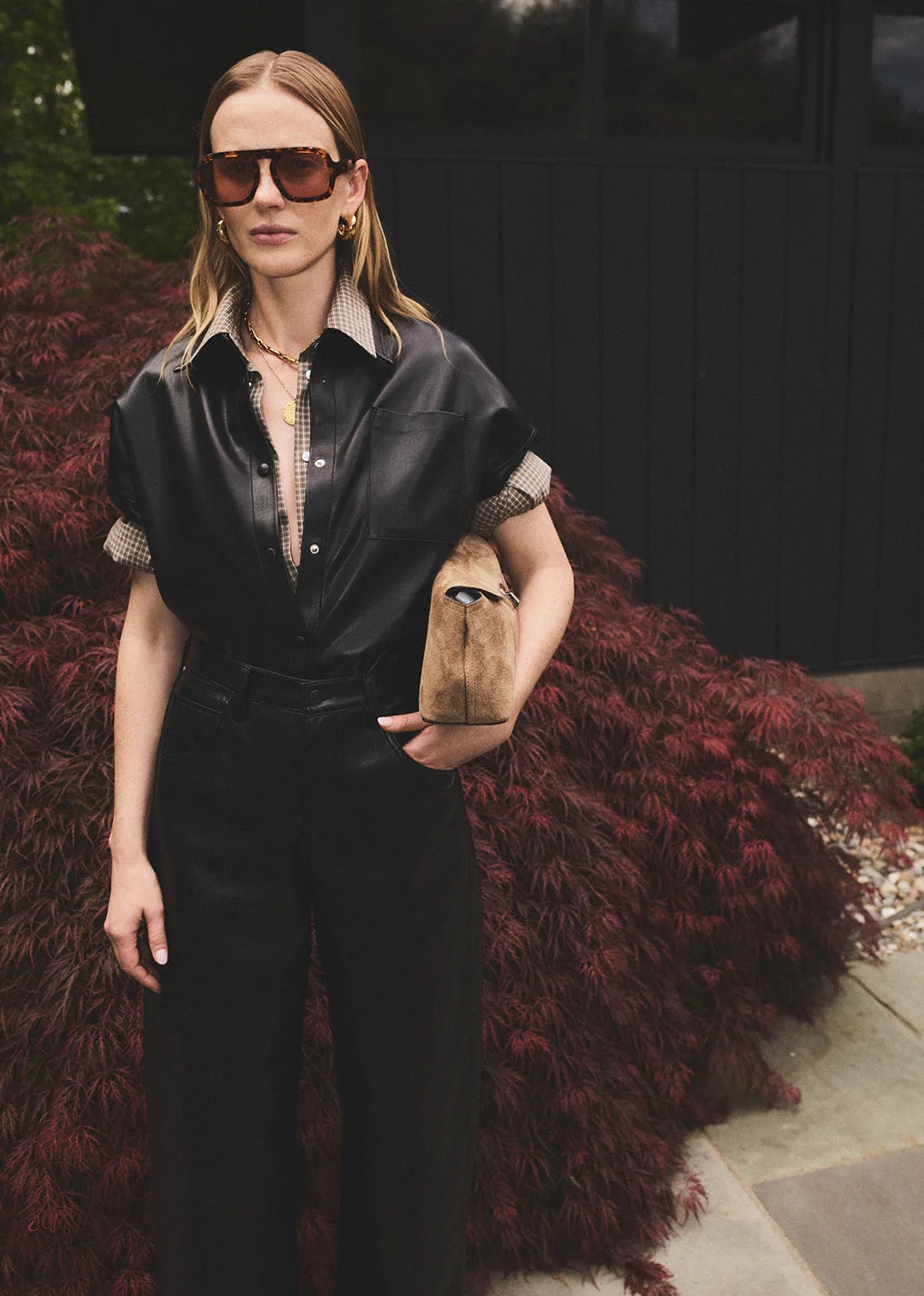 Styled look: Frances Crop Cape Button Up with high-rise jeans, showing cropped length and back detail