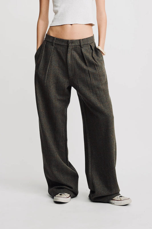 Double Pleat Wide Leg Pant-Herringbone