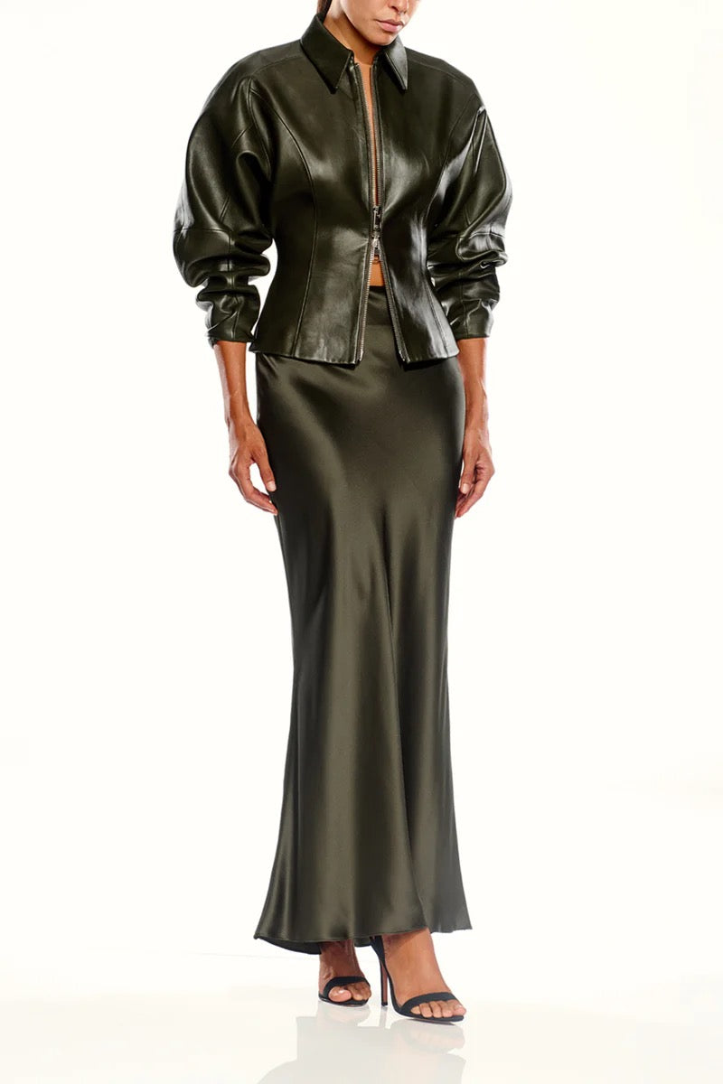 The Sei Fitted Leather Jacket- Army
