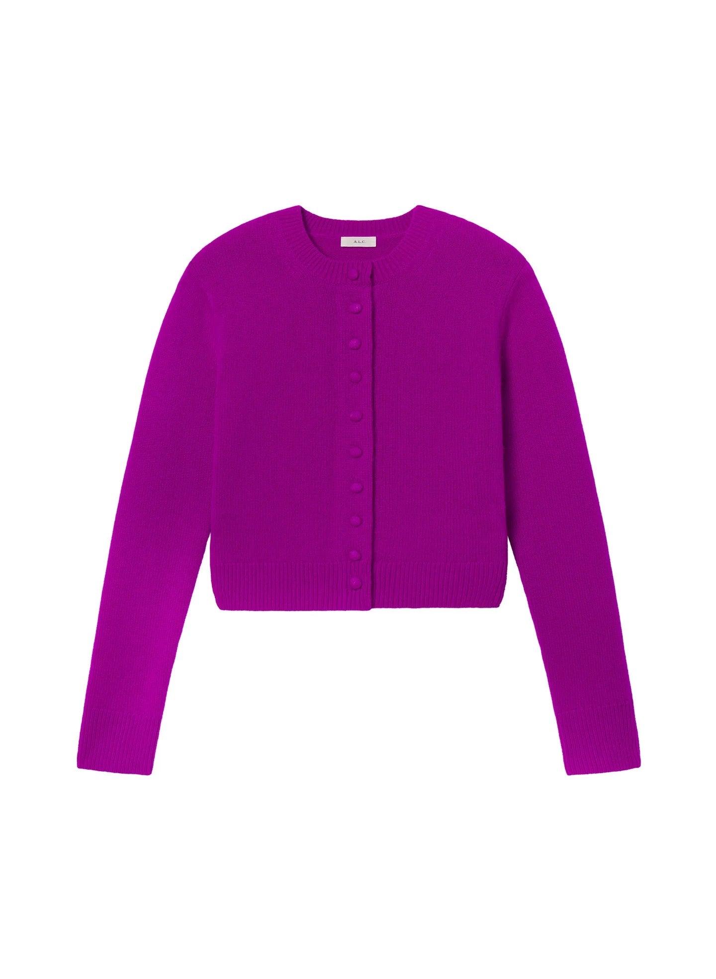 ALC Skyler Cashmere Cardigan in vibrant fuchsia, showcasing a cropped silhouette and button-front design.