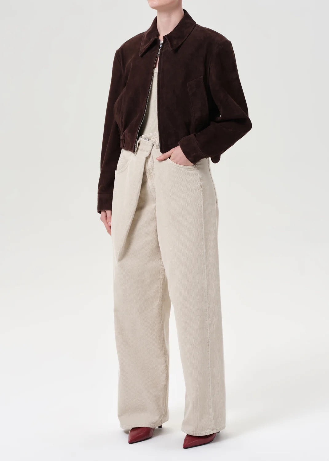 Agolde Nahla Cropped Suede Jacket In Root