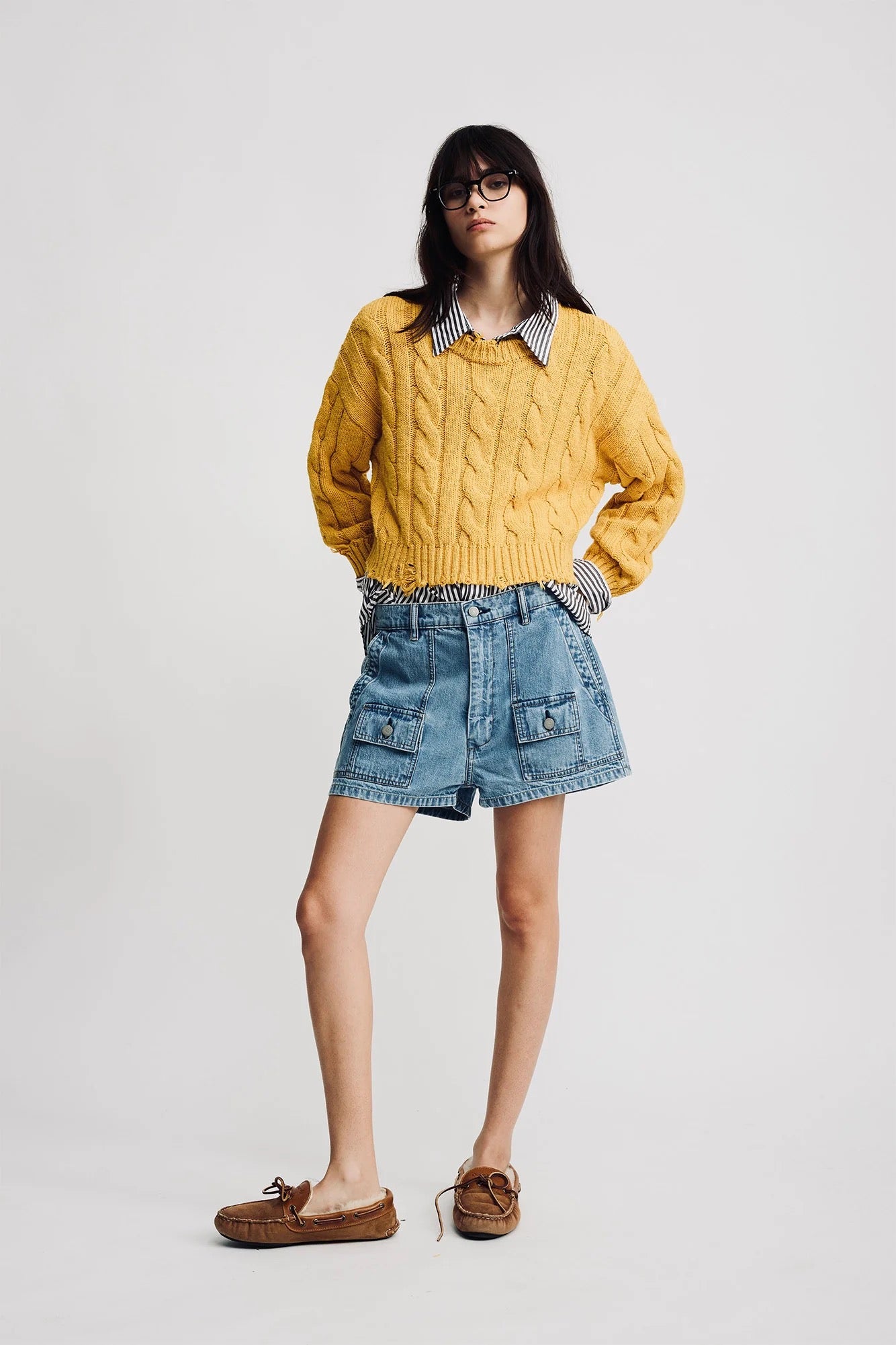 Denemist Cropped Cable Crewneck Sweater -Yellow