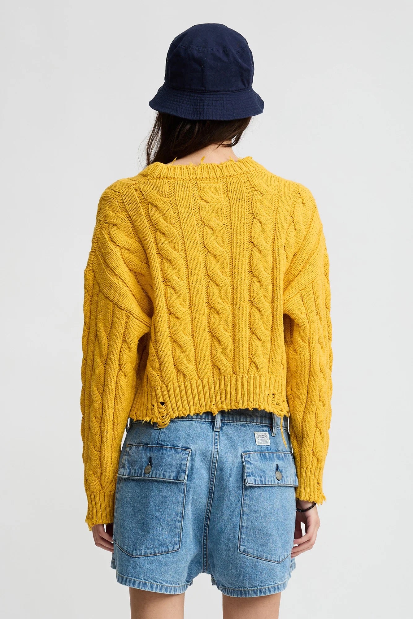 Denemist Cropped Cable Crewneck Sweater -Yellow