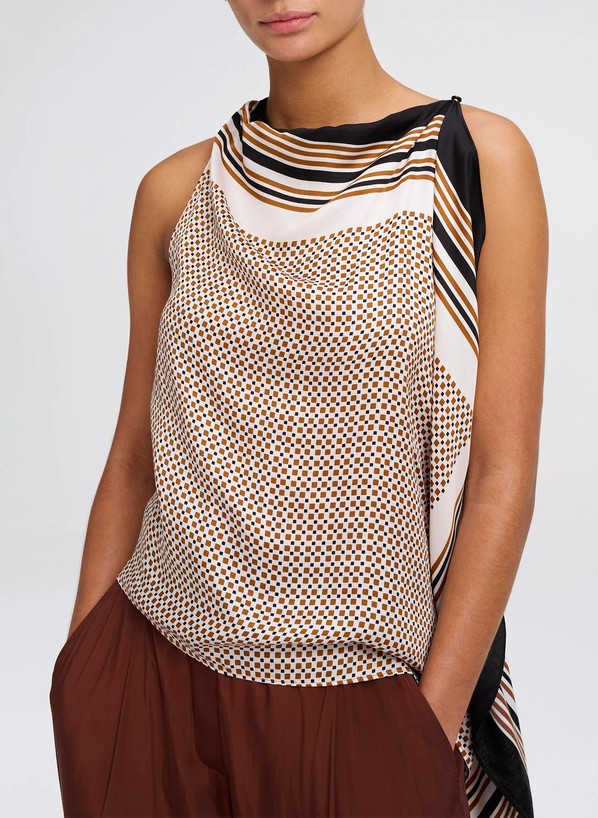 A.L.C. Kit Scarf Print Asymmetric Top in Black / Caramel Dotted