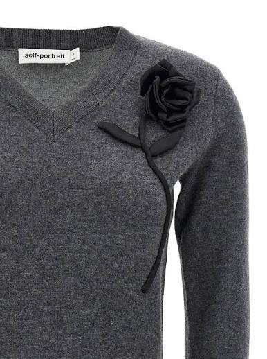 Self-Portrait grey jumper black satin rose detail, close-up