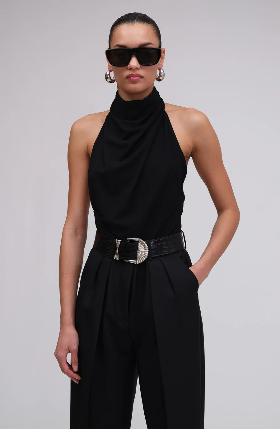 Ronny Kobo Meli Bodysuit in Jet Black, close-up front view of draped high neckline