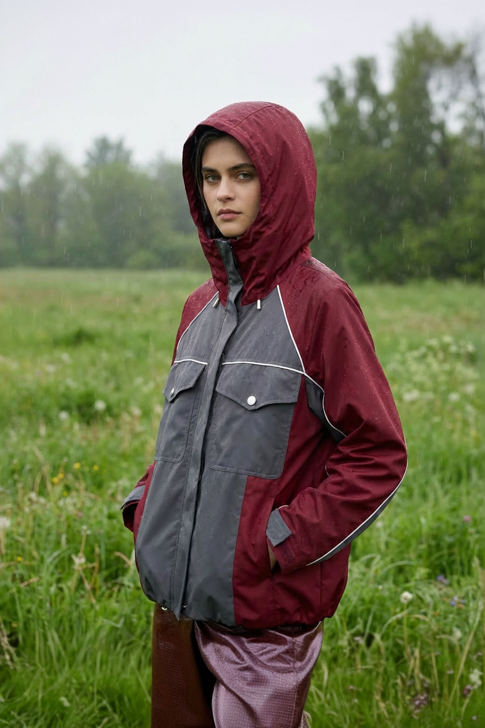 Person wearing a maroon and gray jacket in a grassy field