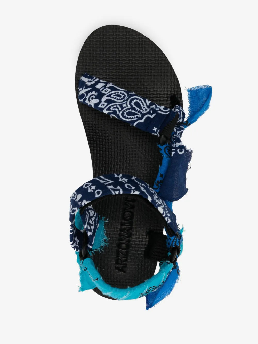 Top view of the Trekky sandals in Mixed Navy showing the bandana straps and black sole