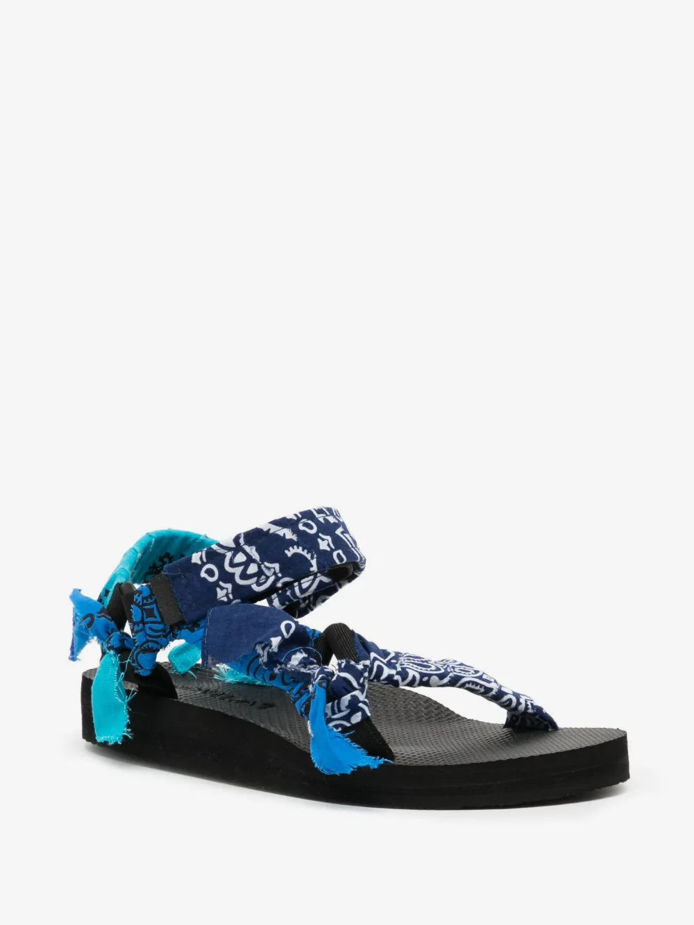 Opposite side view of the Trekky sandals in Mixed Navy with knotted bandana straps