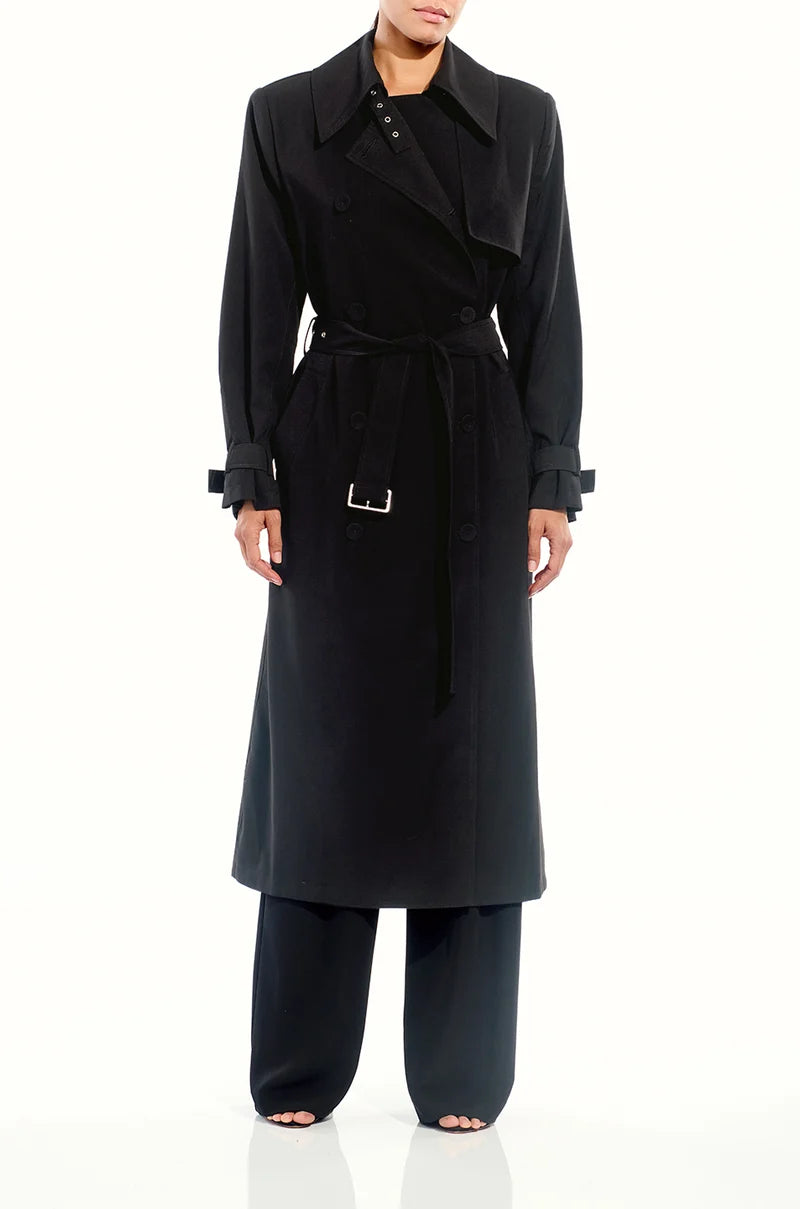 Front view of The Sei structured trench coat in black, belted and double-breasted