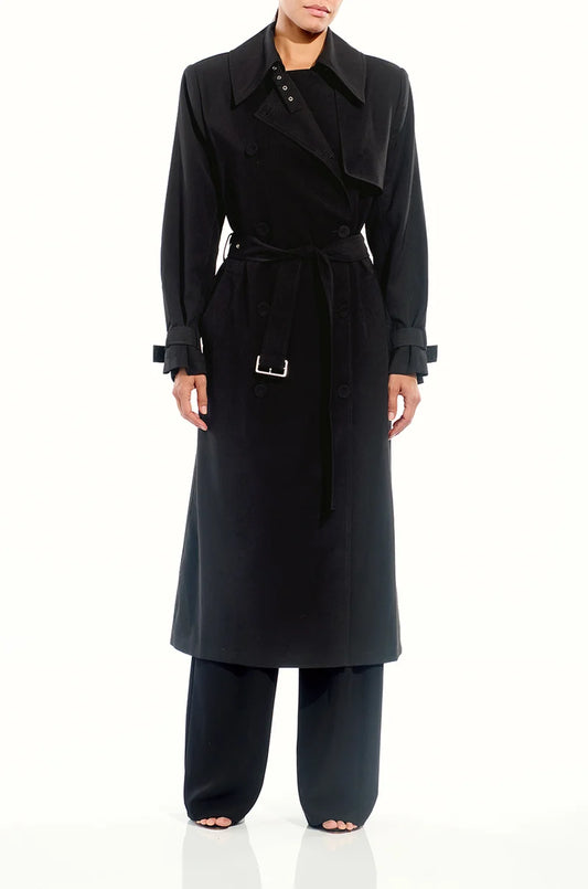 Front view of The Sei structured trench coat in black, belted and double-breasted