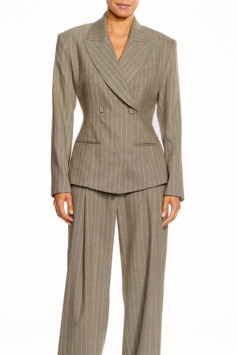The Sei Cinch Blazer in Pinstripe, front view close-up worn with matching trousers