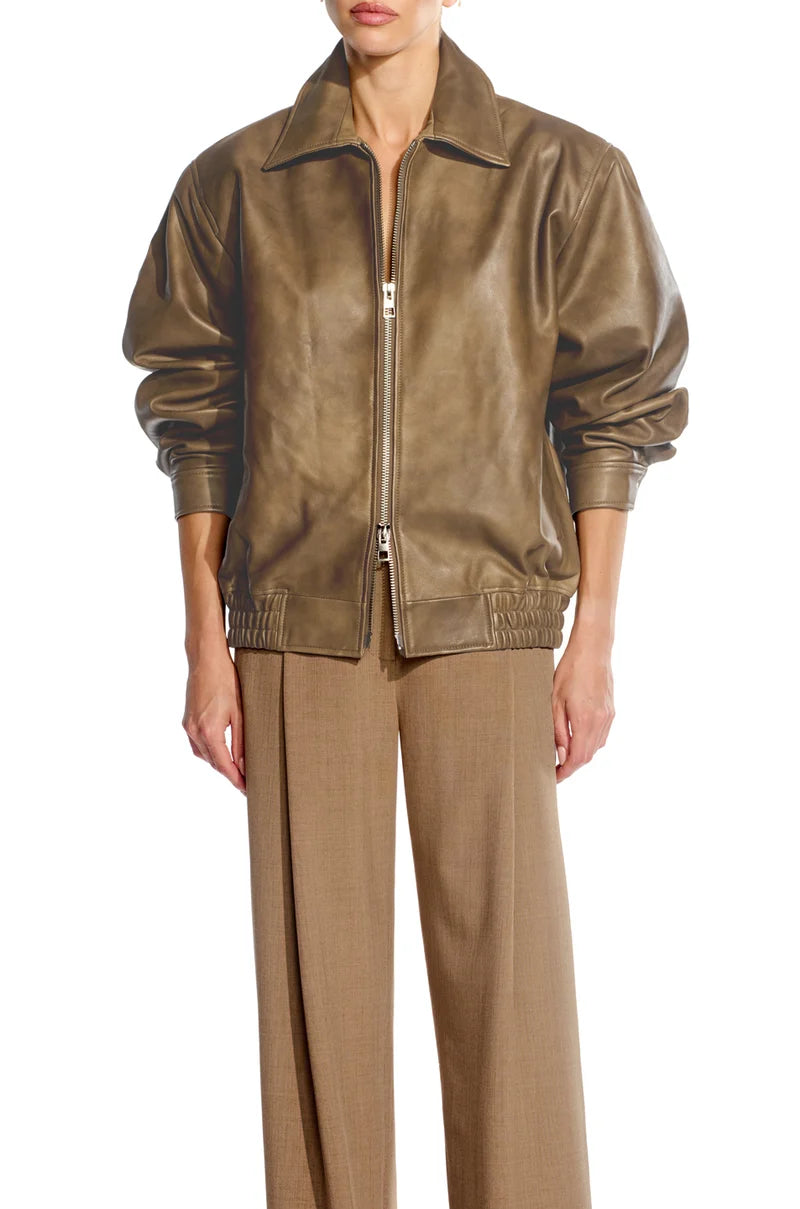The Sei Sand Lambskin Back Flap Leather Bomber Jacket