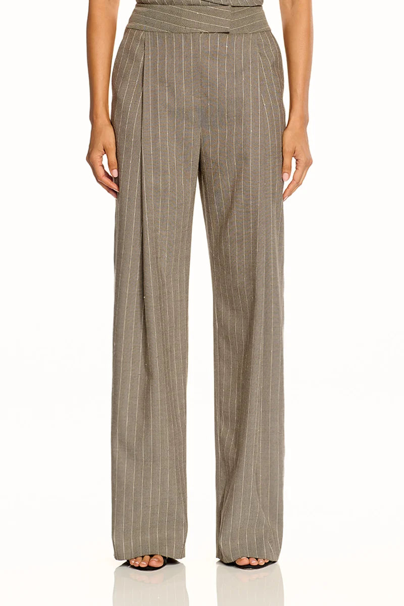 The Sei Boyfriend Trouser in Pinstripe, front view close-up