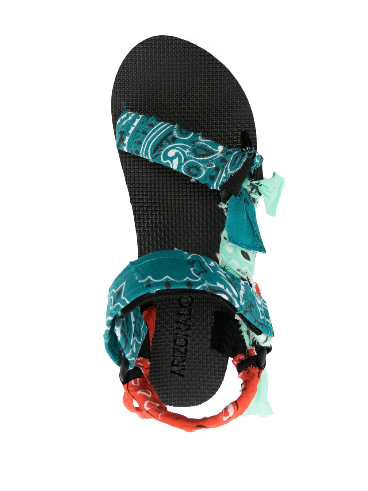 Top view of the Trekky sandals in Mixed Teal Bandana showing the bandana straps and black sole