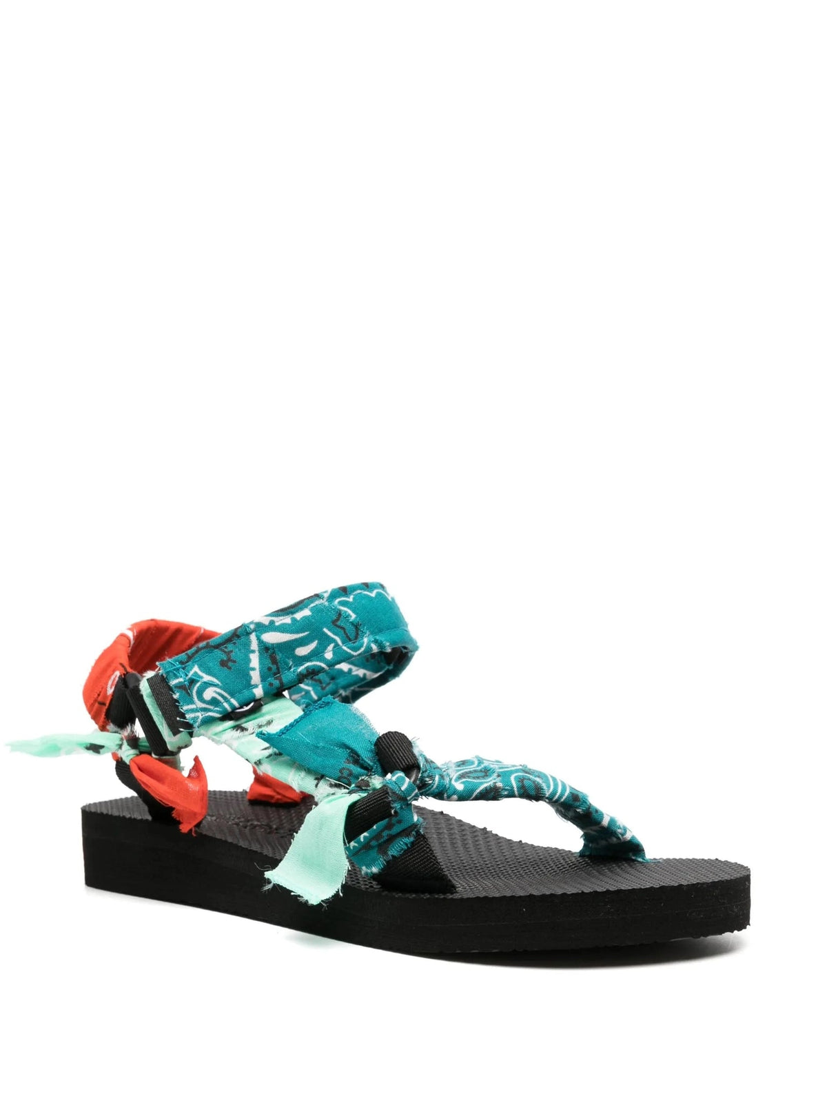 Opposite side view of the Trekky sandals in Mixed Teal Bandana with teal, mint and red bandana strips