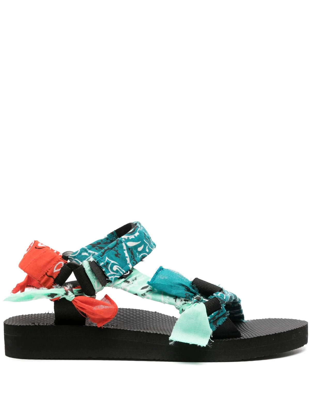 Side view of the Arizona Love Trekky sandals in Mixed Teal Bandana with knotted bandana straps