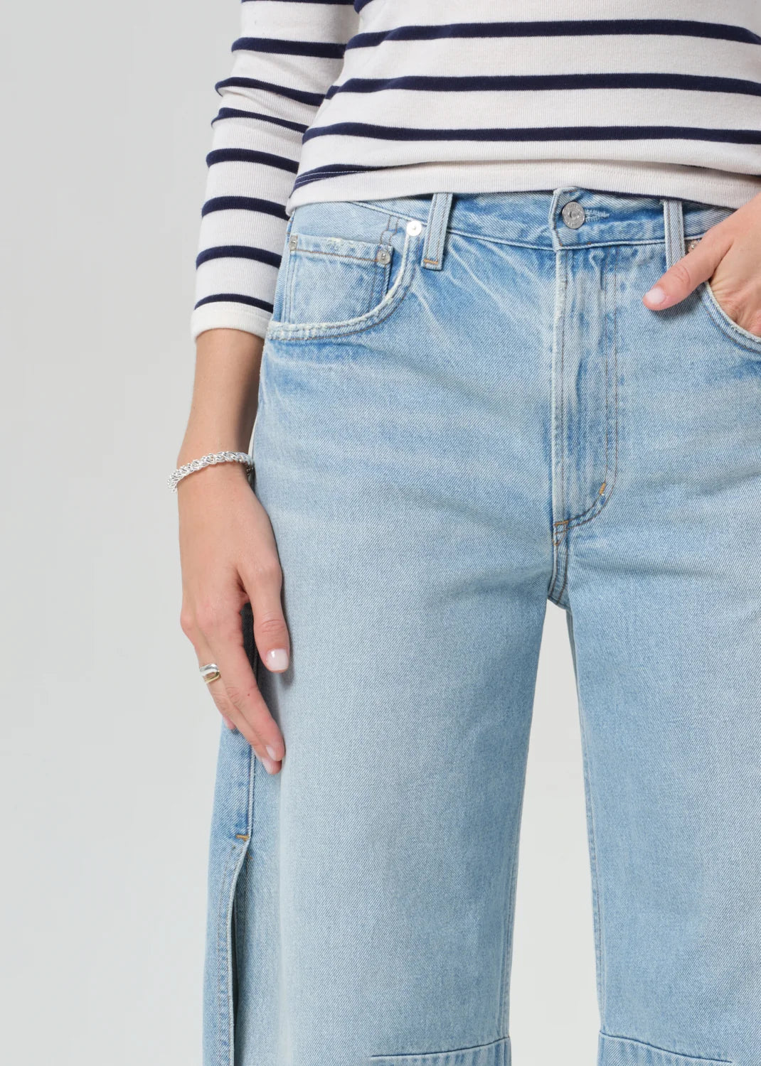 Citizens of Humanity Tulip Jean in Somersault, light indigo denim — close-up of waistband and front pockets
