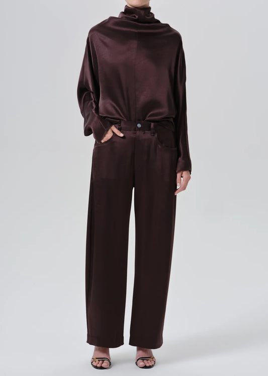 Citizens of Humanity Brynn Japanese Hammered Satin Trouser in Espresso, front view worn with a matching satin top