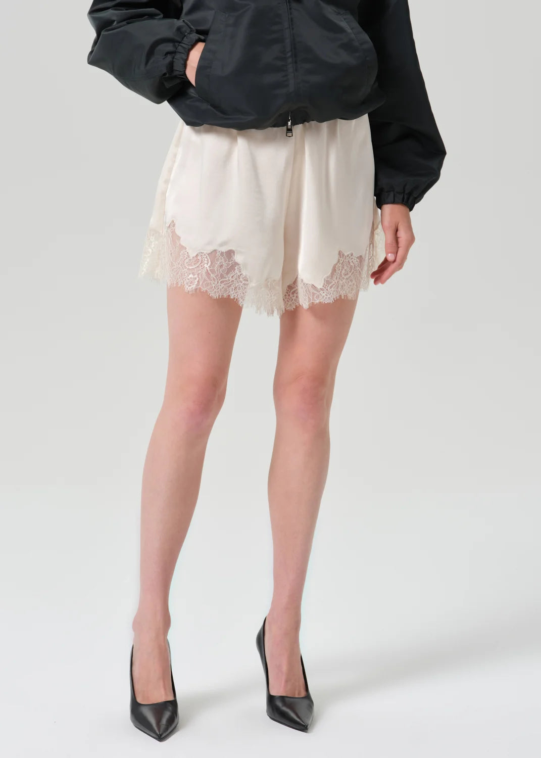 Citizens of Humanity Lace Trimmed Tap Short in Cream, front view close-up