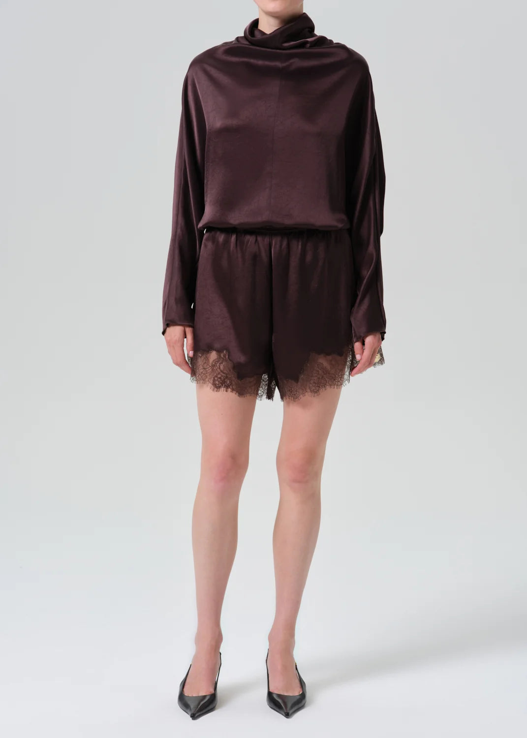 Citizens of Humanity Lace Trimmed Tap Short in Espresso brown, front view