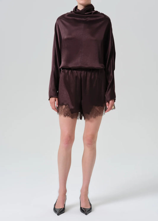 Citizens of Humanity Lace Trimmed Tap Short in Espresso brown, front view