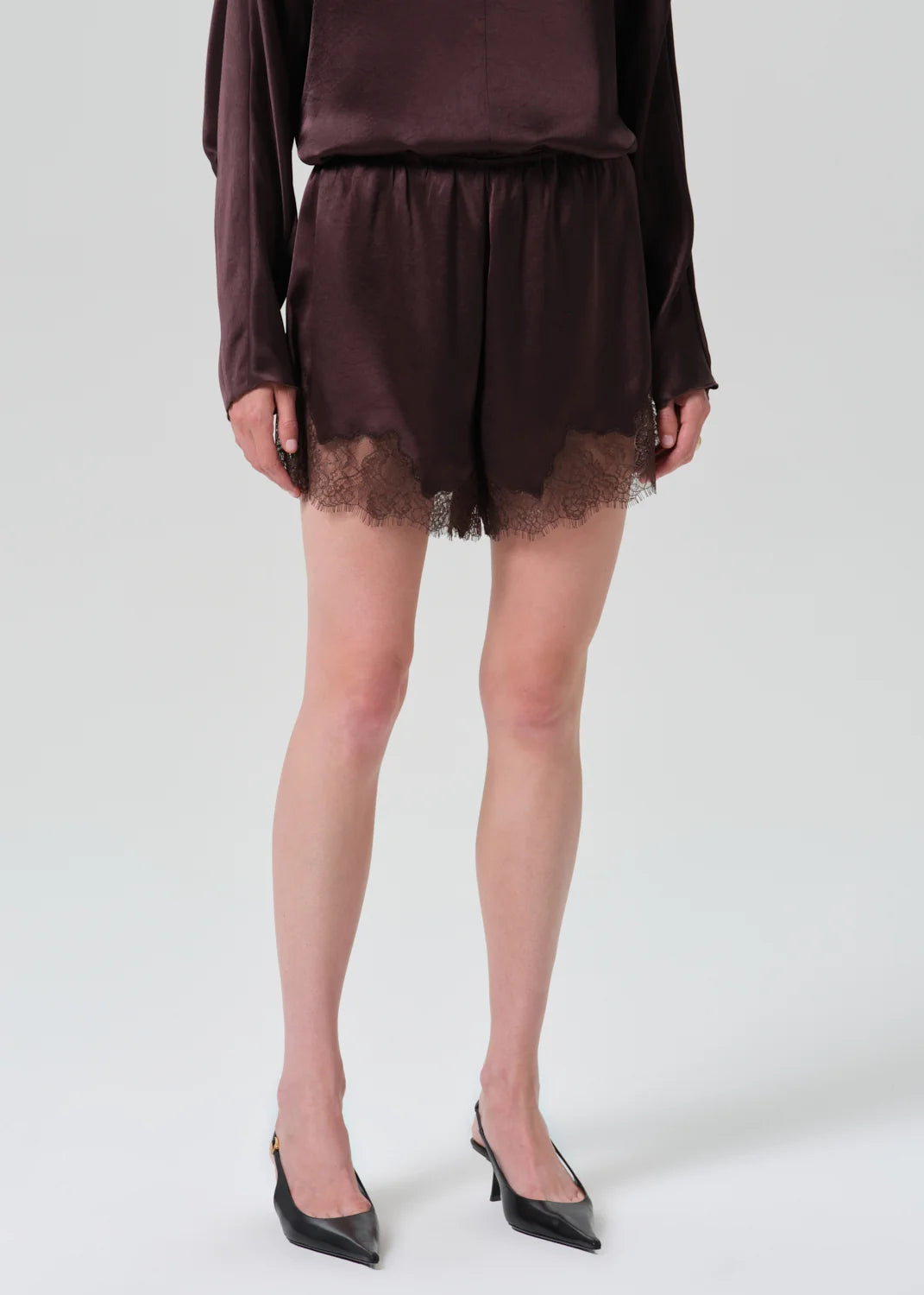 Citizens of Humanity Lace Trimmed Tap Short in Espresso brown, front view close-up