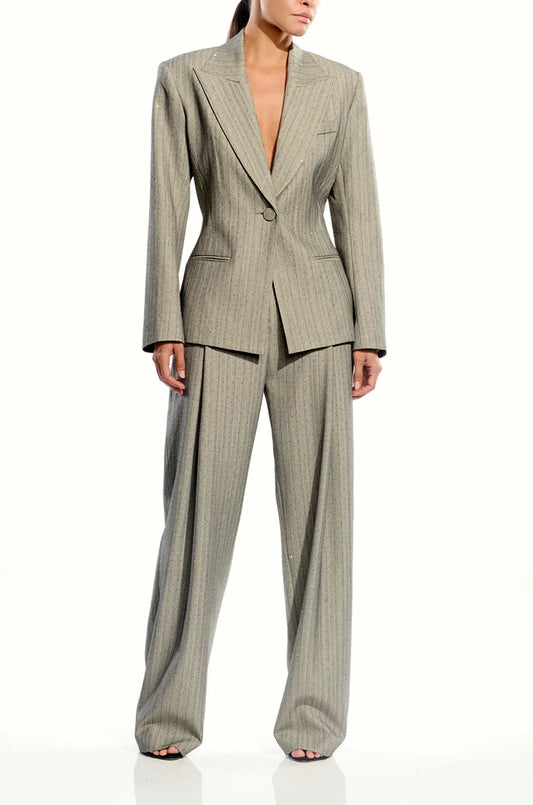 The Sei Curve Blazer in Pinstripe, full-length front view on model worn with matching pinstripe trousers