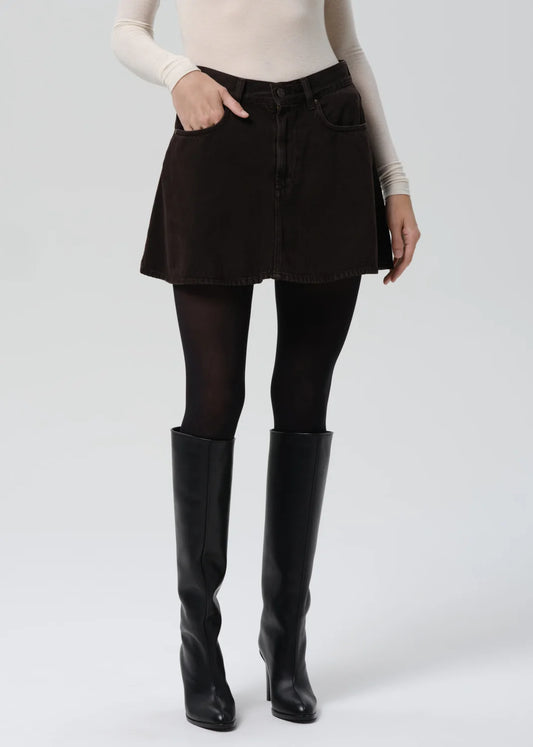 Citizens of Humanity Trapeze Skirt in Carob, front view worn with tights and knee-high boots