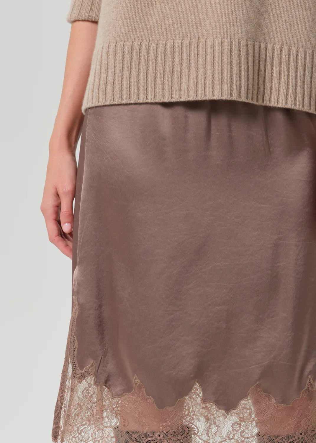 Citizens of Humanity Lace Trimmed Skirt in Cocoa brown, lace hem detail close-up