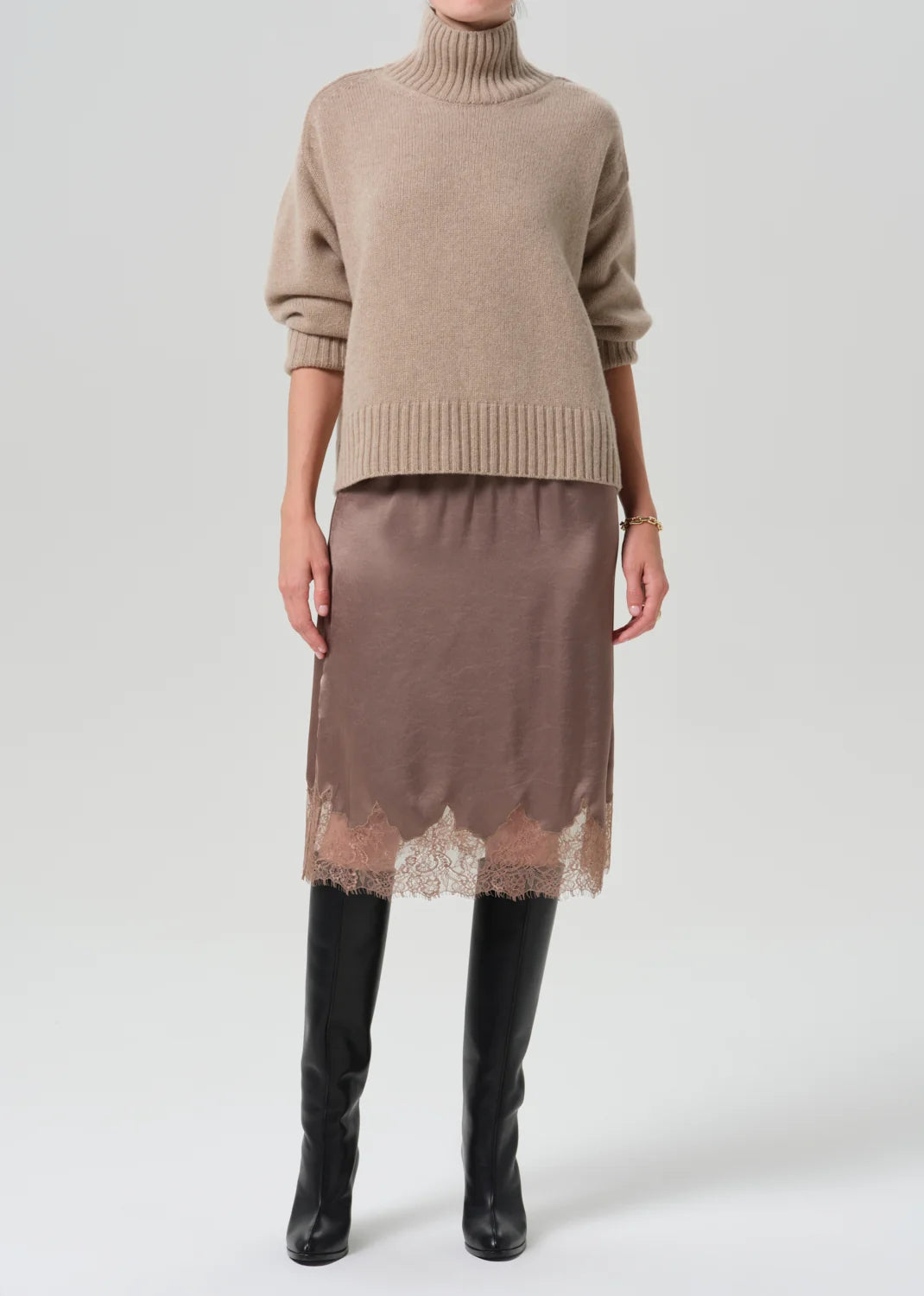 Citizens of Humanity Lace Trimmed Skirt in Cocoa brown, front view