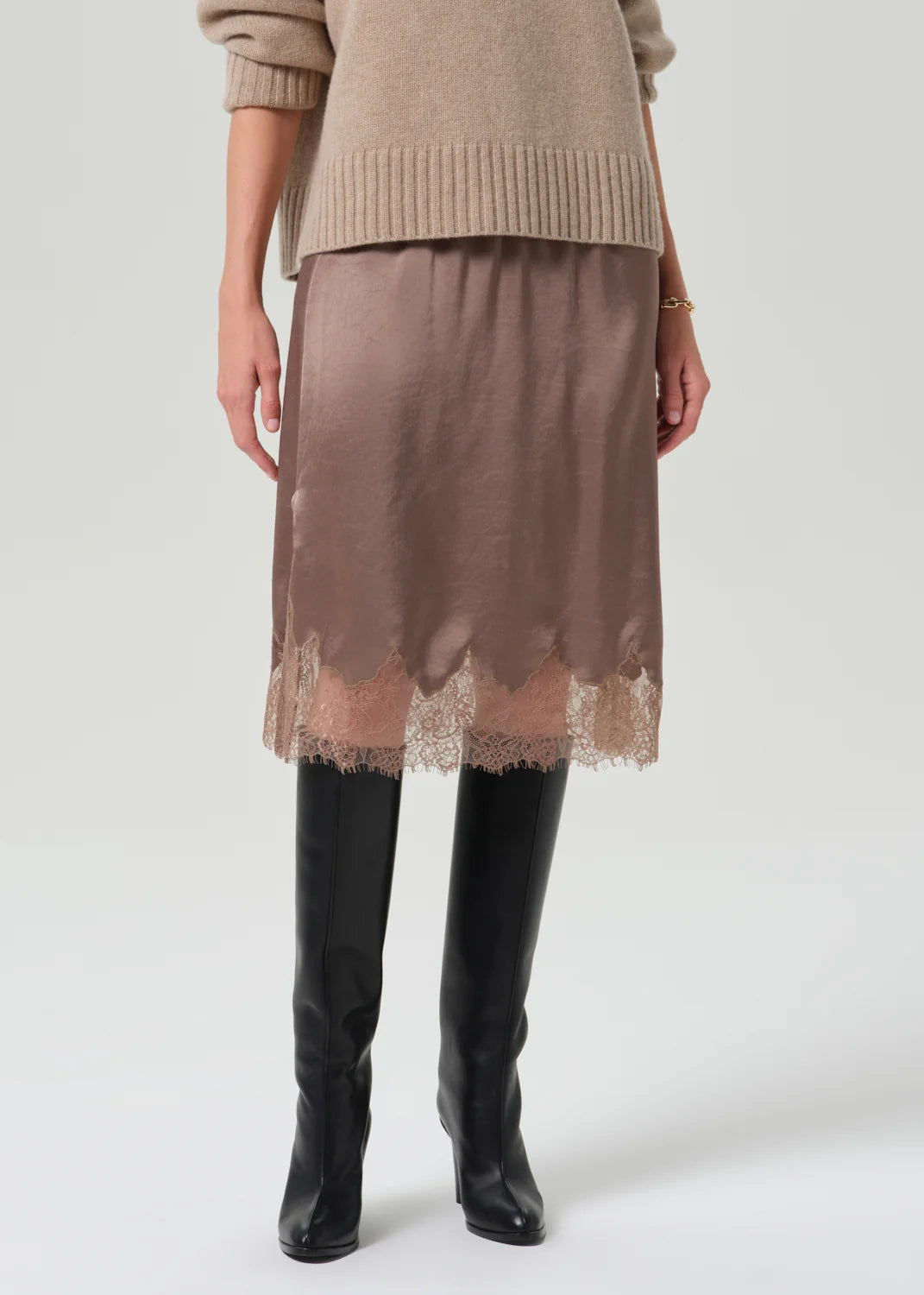 Citizens of Humanity Lace Trimmed Skirt in Cocoa brown, front view close-up