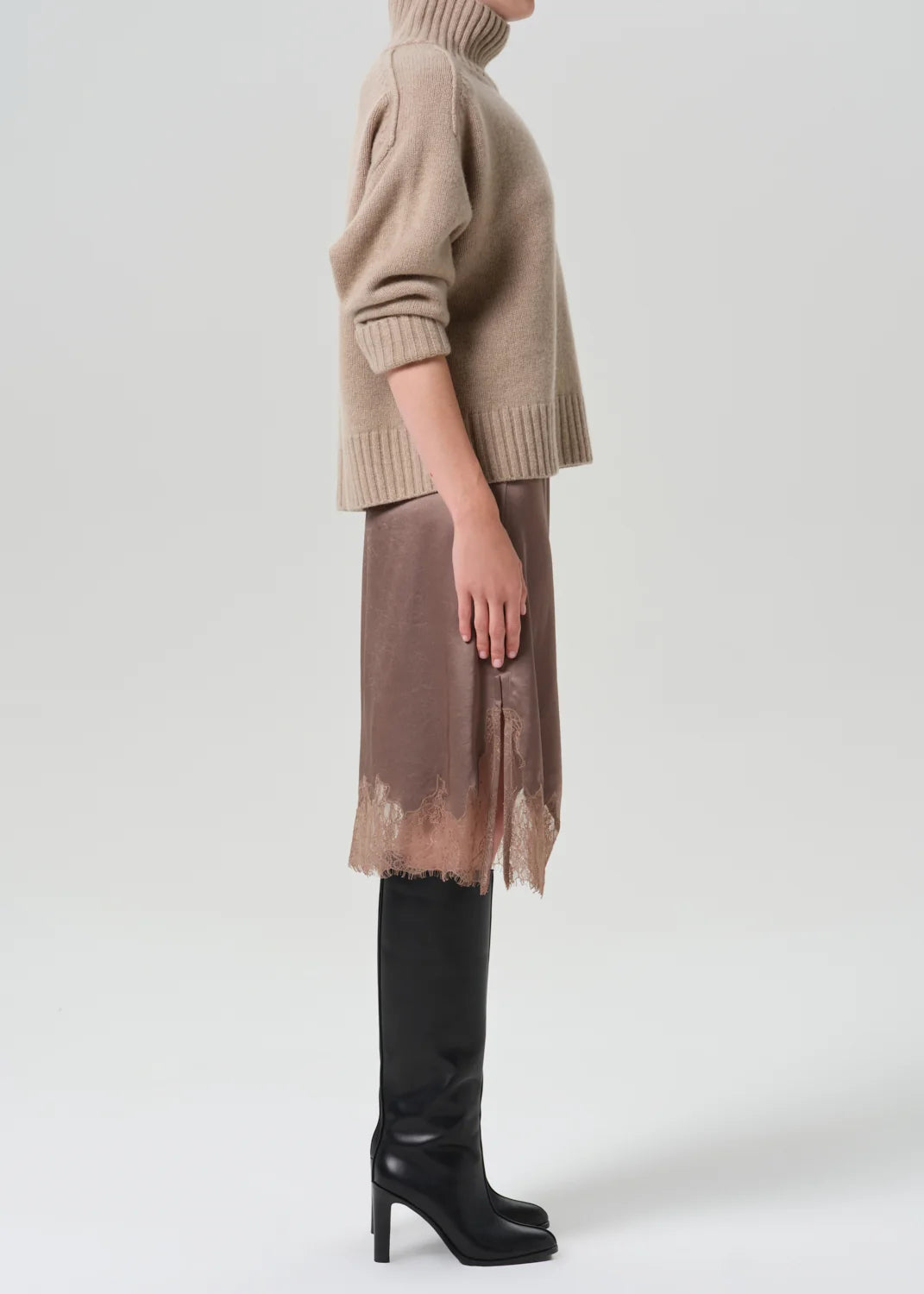 Citizens of Humanity Lace Trimmed Skirt in Cocoa brown, side view