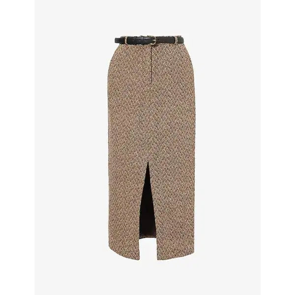 Self-Portrait Herringbone Midi Skirt in Brown, flat lay front view