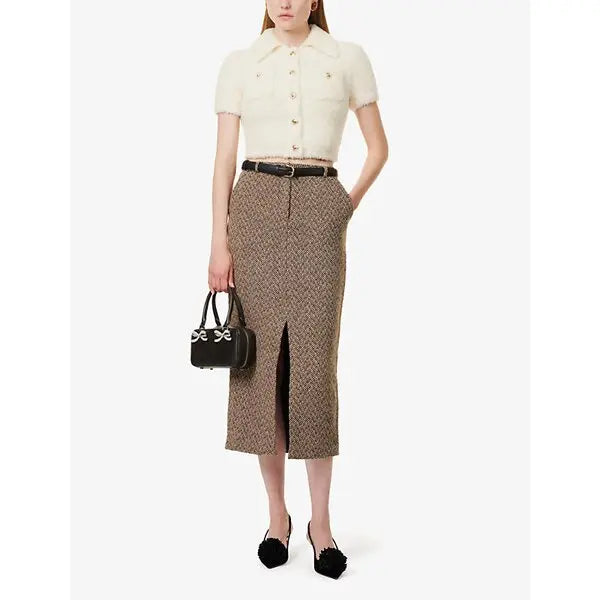 Self-Portrait Herringbone Midi Skirt in Brown, front full-length view on model