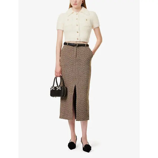 Self-Portrait Herringbone Midi Skirt in Brown, front full-length view on model