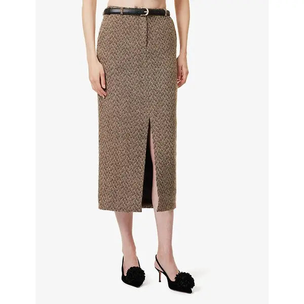 Self-Portrait Herringbone Midi Skirt in Brown, front view showing front slit