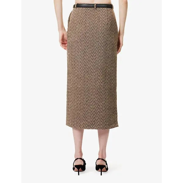 Self-Portrait Herringbone Midi Skirt in Brown, back view on model