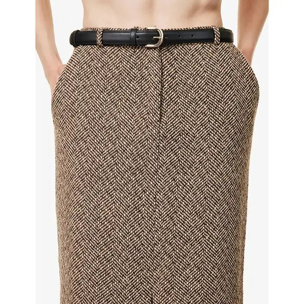 Self-Portrait Herringbone Midi Skirt in Brown, close-up front view of belt and herringbone weave