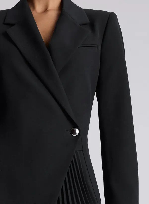 A.L.C. Callen Pleated Blazer Mini Dress in Black, close-up of crossover closure, button and pleated panel
