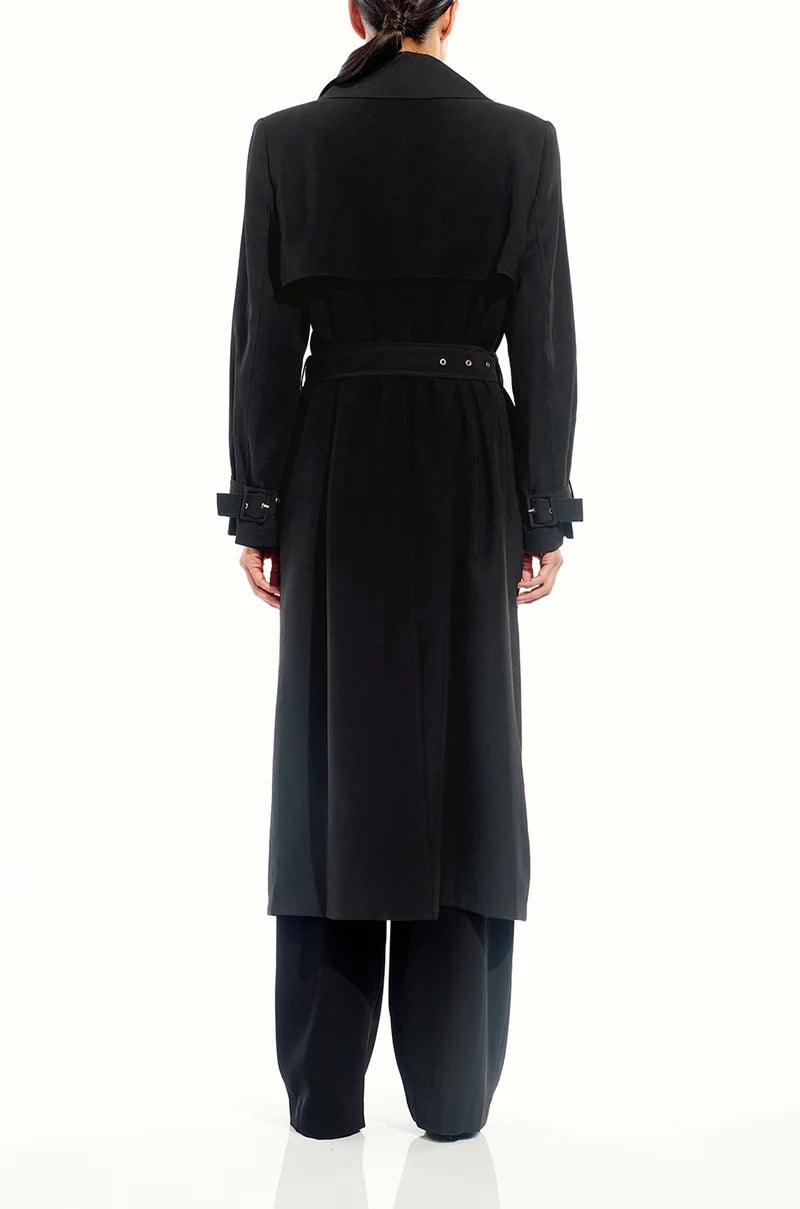 Back view of The Sei structured trench coat in black, showing storm flap and back vent