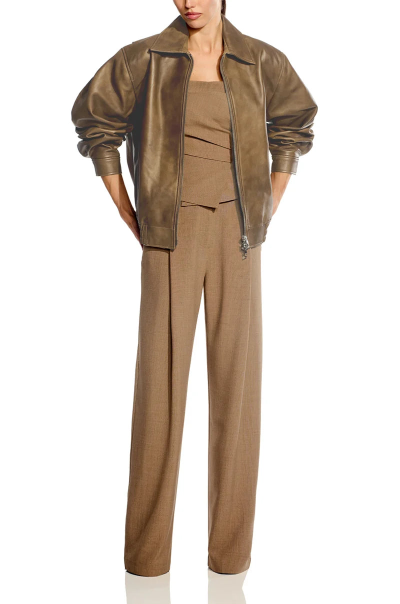 The Sei Sand Lambskin Back Flap Leather Bomber Jacket