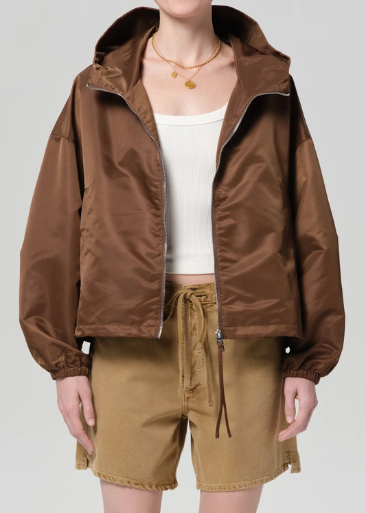 Citizens of Humanity Cropped Nylon Windbreaker in Brown, front view close-up