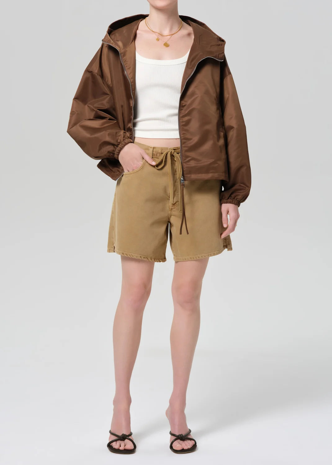 Citizens of Humanity Cropped Nylon Windbreaker in Brown, full-length front view